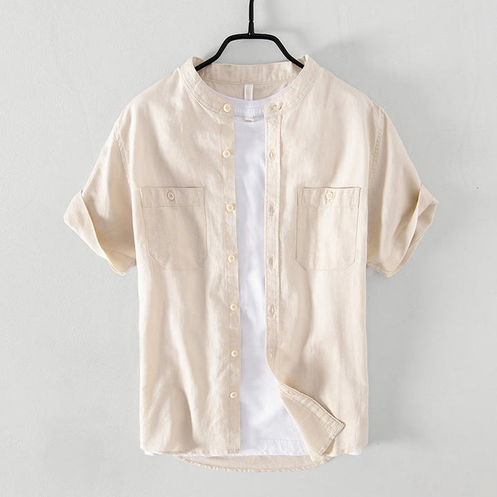 Chemise décontractée à manches courtes en coton et lin pour homme, avec Buddha Stones simples et col montant, avec poches avant - Beige - US/UK/AU42，EU52 (3XL) - image 9