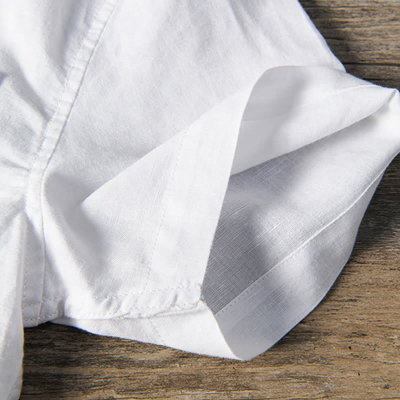 Chemise décontractée à manches courtes en coton et lin pour homme, avec Buddha Stones simples et col montant, avec poches avant - image 6