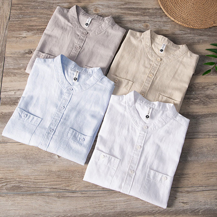 Chemise décontractée à manches courtes en coton et lin pour homme, avec Buddha Stones simples et col montant, avec poches avant - image 17