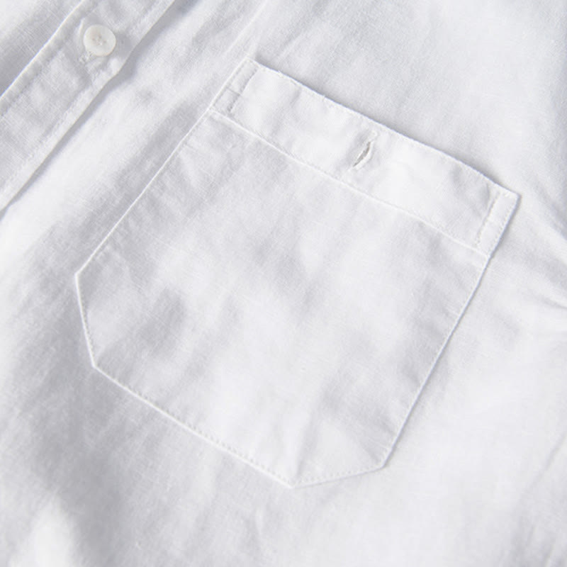 Chemise décontractée à manches courtes en coton et lin pour homme, avec Buddha Stones simples et col montant, avec poches avant - image 5