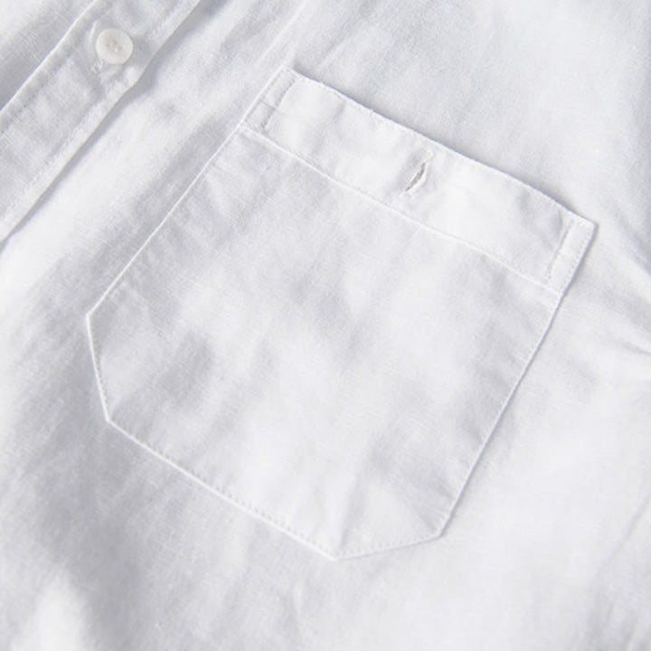 Chemise décontractée à manches courtes en coton et lin pour homme, avec Buddha Stones simples et col montant, avec poches avant - image 5