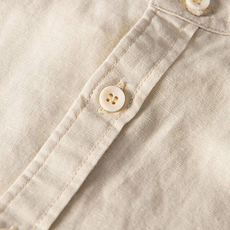 Chemise décontractée à manches courtes en coton et lin pour homme, avec Buddha Stones simples et col montant, avec poches avant - image 12