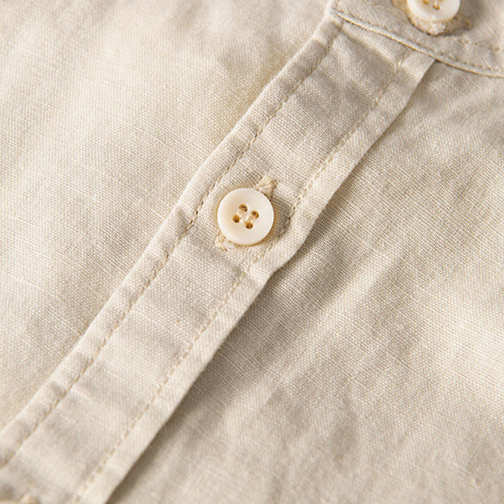 Chemise décontractée à manches courtes en coton et lin pour homme, avec Buddha Stones simples et col montant, avec poches avant - image 12