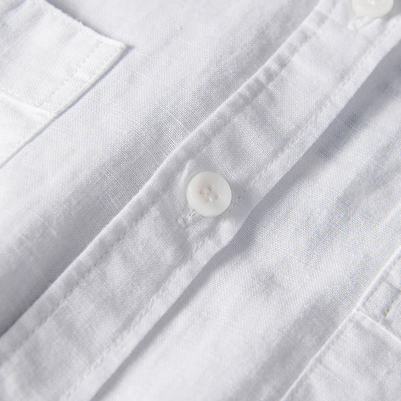 Chemise décontractée à manches courtes en coton et lin pour homme, avec Buddha Stones simples et col montant, avec poches avant - image 4