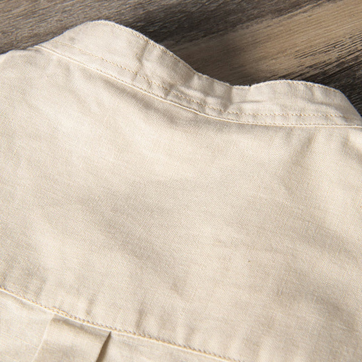 Chemise décontractée à manches courtes en coton et lin pour homme, avec Buddha Stones simples et col montant, avec poches avant - image 11