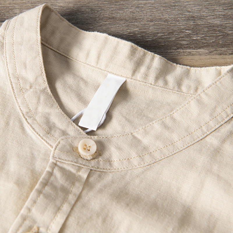 Chemise décontractée à manches courtes en coton et lin pour homme, avec Buddha Stones simples et col montant, avec poches avant - image 10