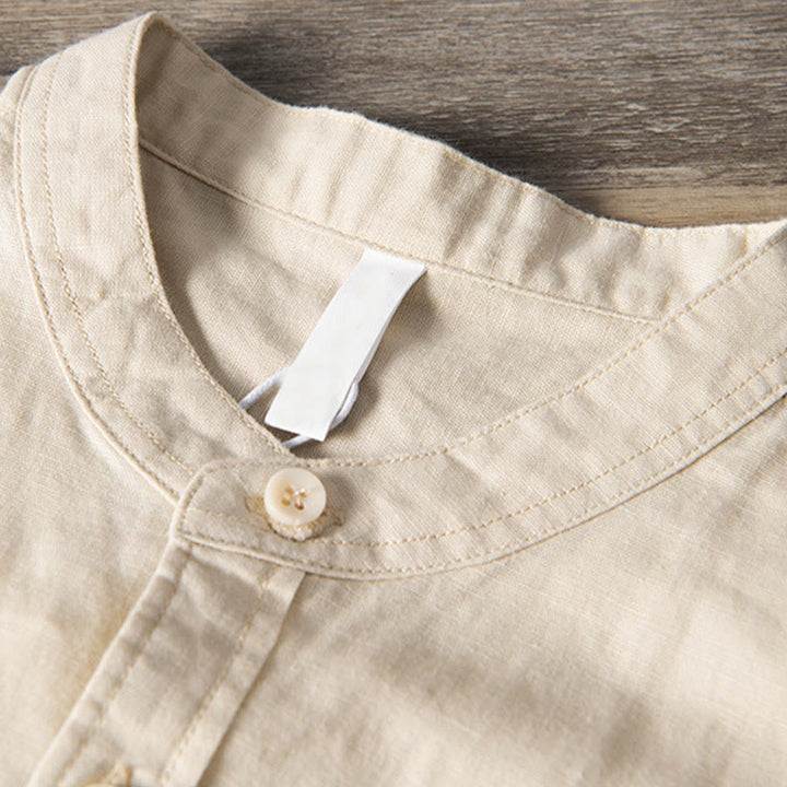 Chemise décontractée à manches courtes en coton et lin pour homme, avec Buddha Stones simples et col montant, avec poches avant - image 10