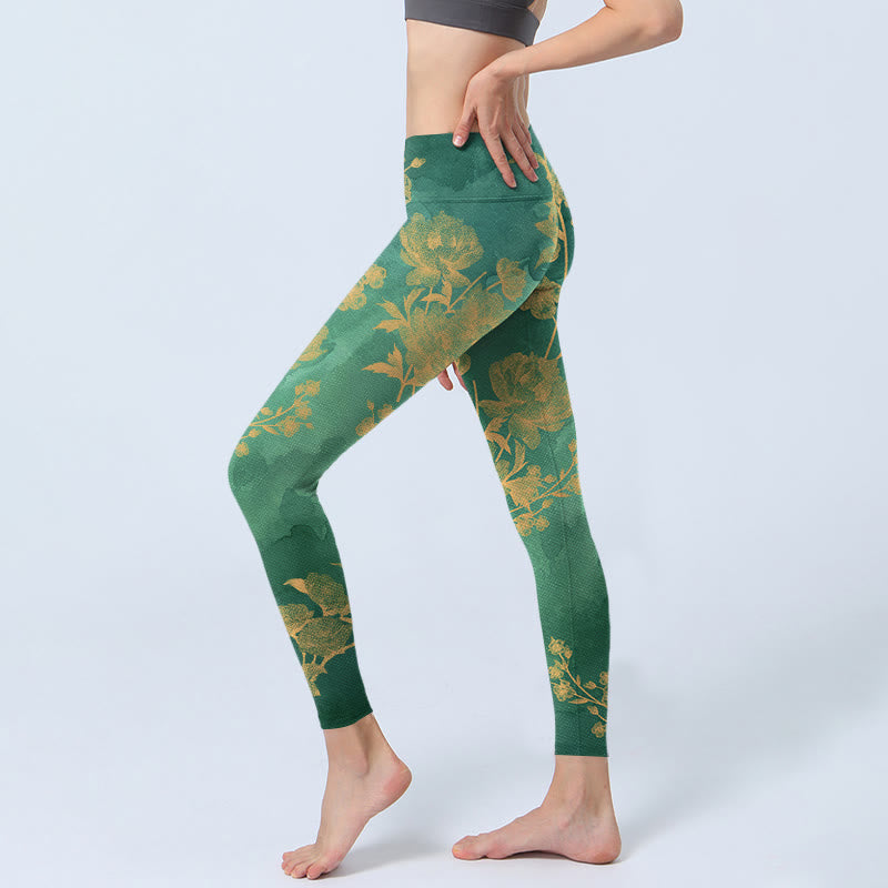 Leggings de sport imprimés Buddha Stones, fond vert, branches dorées, fleurs de pivoine, pantalons de yoga pour femmes - image 2