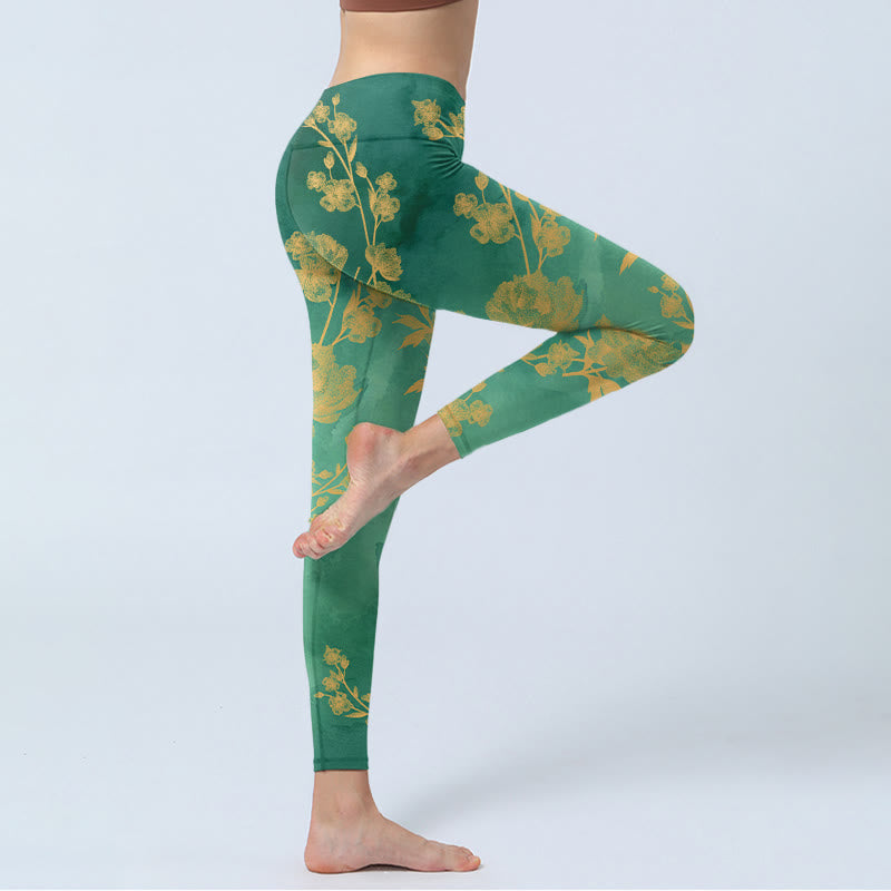 Leggings de sport imprimés Buddha Stones, fond vert, branches dorées, fleurs de pivoine, pantalons de yoga pour femmes - image 3