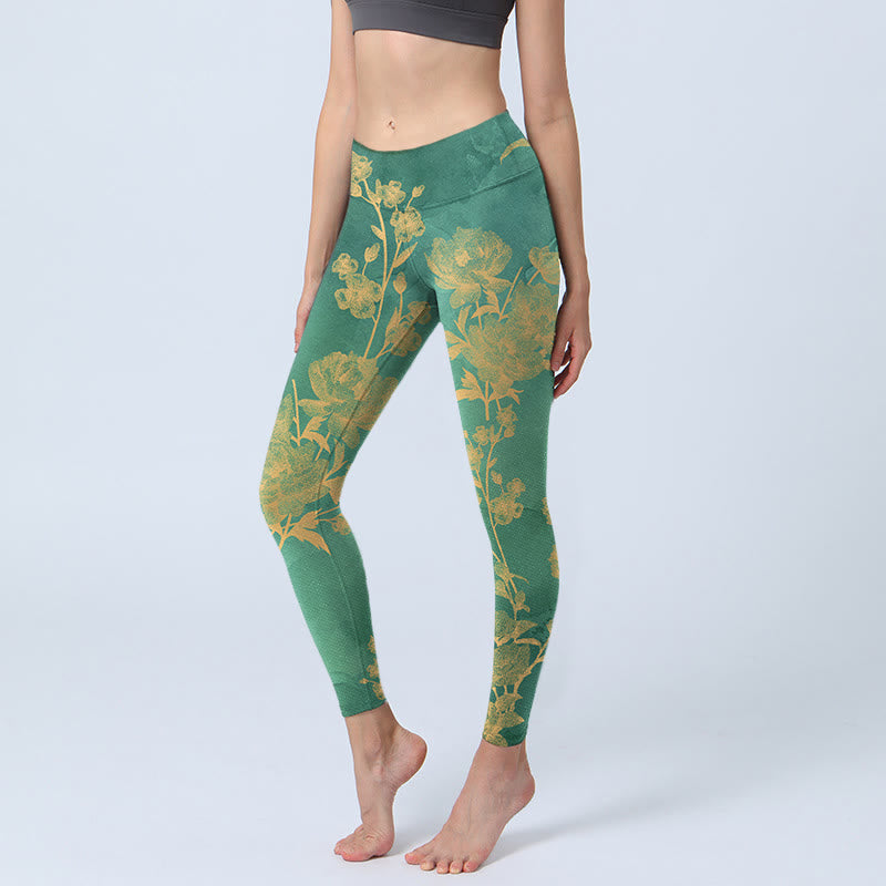 Leggings de sport imprimés Buddha Stones, fond vert, branches dorées, fleurs de pivoine, pantalons de yoga pour femmes - Vert mer moyen - US18，UK/AU22，EU50 (4XL) - image 0