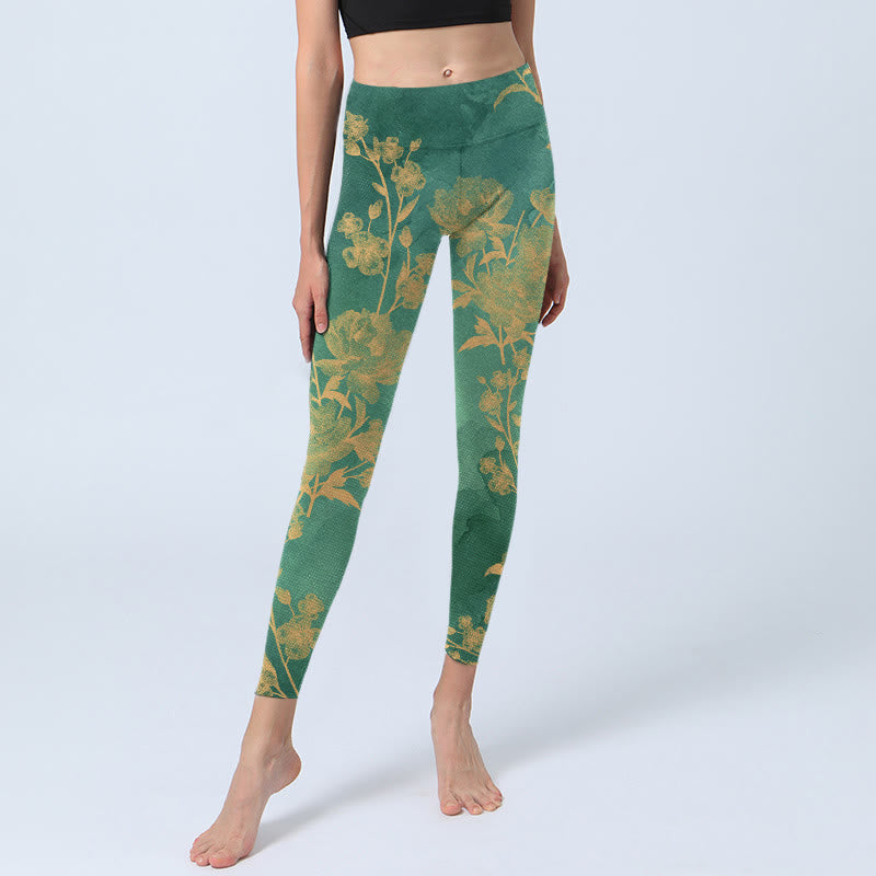 Leggings de sport imprimés Buddha Stones, fond vert, branches dorées, fleurs de pivoine, pantalons de yoga pour femmes - image 5