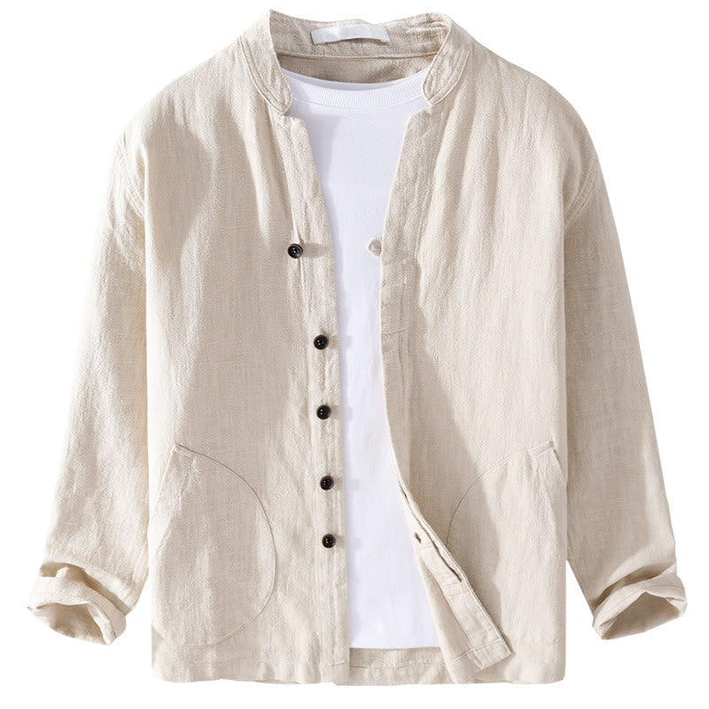 Chemise homme à manches longues en coton et lin avec poches, col montant et boutons simples, motif Buddha Stones , printemps - image 7