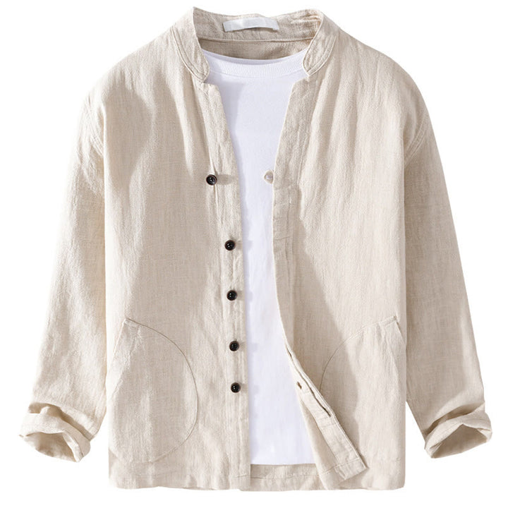 Chemise homme à manches longues en coton et lin avec poches, col montant et boutons simples, motif Buddha Stones , printemps - image 7