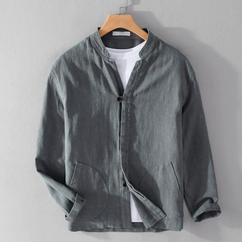 Chemise homme à manches longues en coton et lin avec poches, col montant et boutons simples, motif Buddha Stones , printemps - Gris ardoise - US/UK/AU42，EU52 (3XL) - image 13