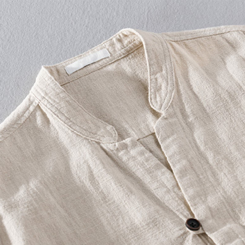 Chemise homme à manches longues en coton et lin avec poches, col montant et boutons simples, motif Buddha Stones , printemps - image 2