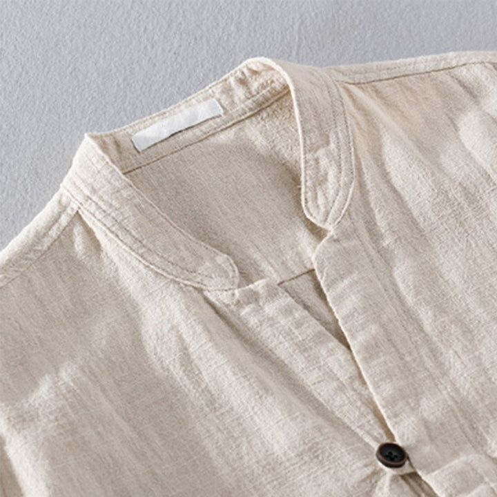 Chemise homme à manches longues en coton et lin avec poches, col montant et boutons simples, motif Buddha Stones , printemps - image 2