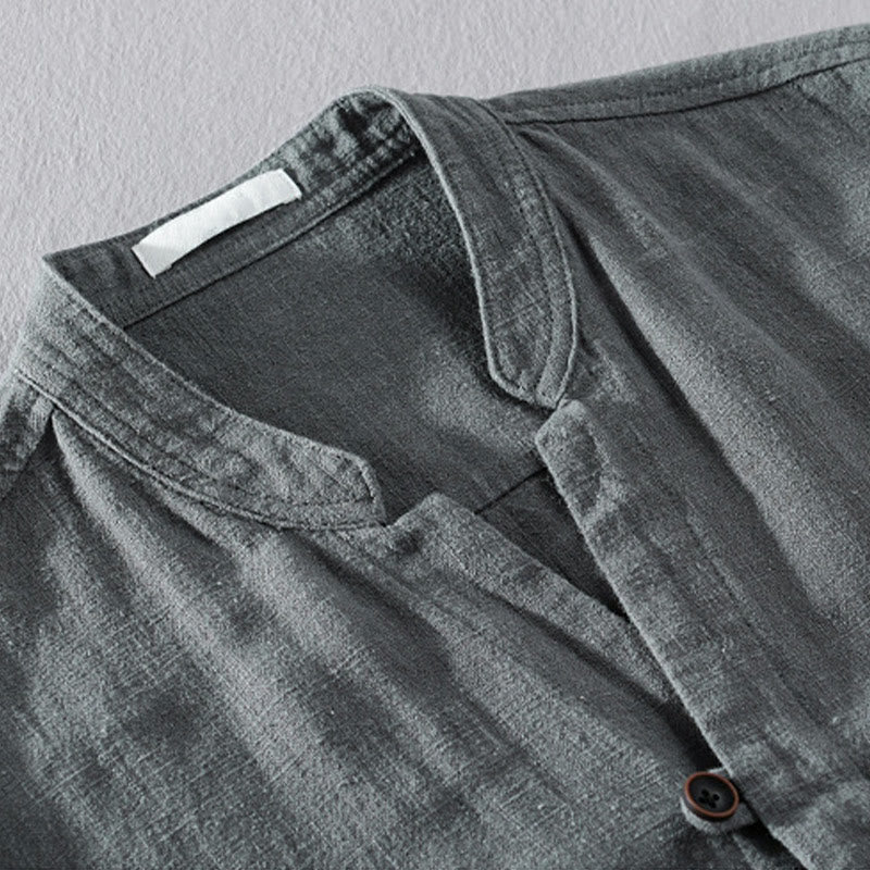 Chemise homme à manches longues en coton et lin avec poches, col montant et boutons simples, motif Buddha Stones , printemps - image 20
