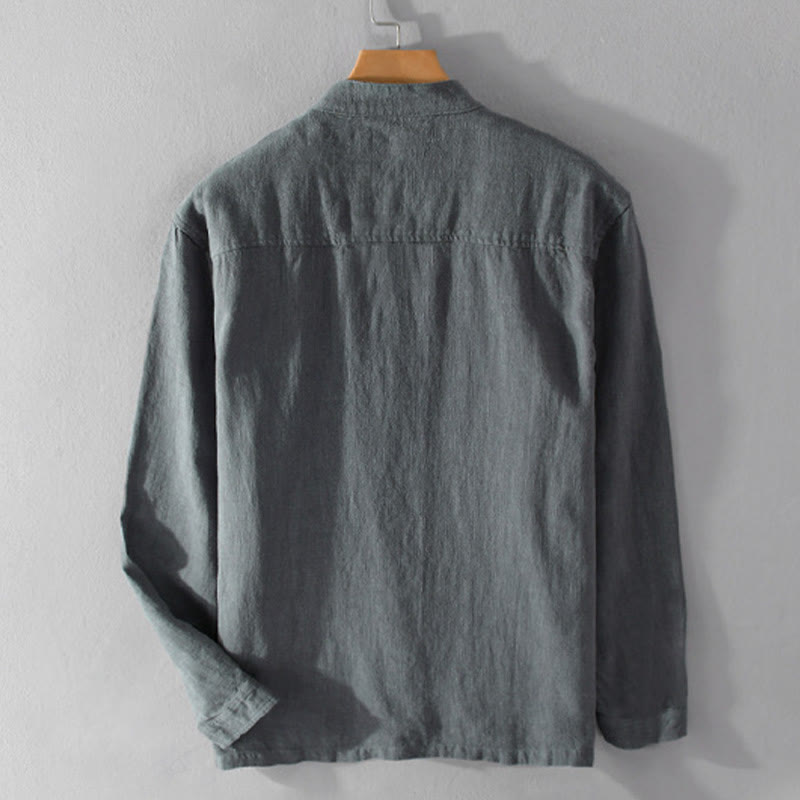 Chemise homme à manches longues en coton et lin avec poches, col montant et boutons simples, motif Buddha Stones , printemps - image 15
