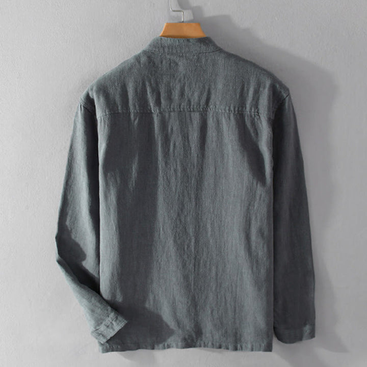 Chemise homme à manches longues en coton et lin avec poches, col montant et boutons simples, motif Buddha Stones , printemps - image 15
