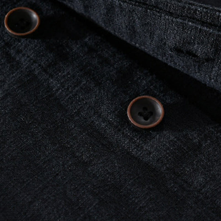 Chemise homme à manches longues en coton et lin avec poches, col montant et boutons simples, motif Buddha Stones , printemps - image 11