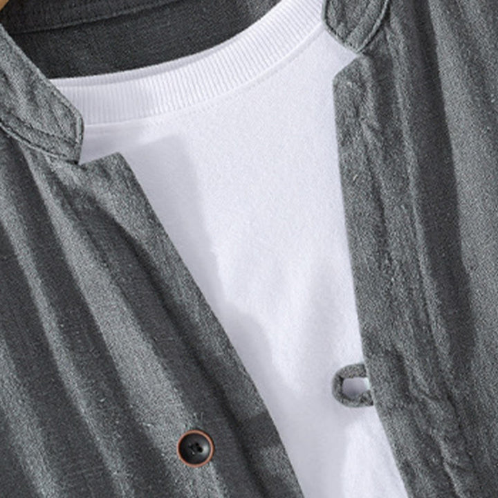 Chemise homme à manches longues en coton et lin avec poches, col montant et boutons simples, motif Buddha Stones , printemps - image 17