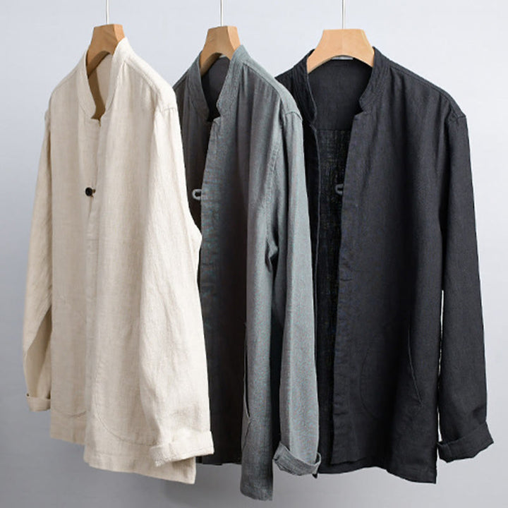 Chemise homme à manches longues en coton et lin avec poches, col montant et boutons simples, motif Buddha Stones , printemps - image 22