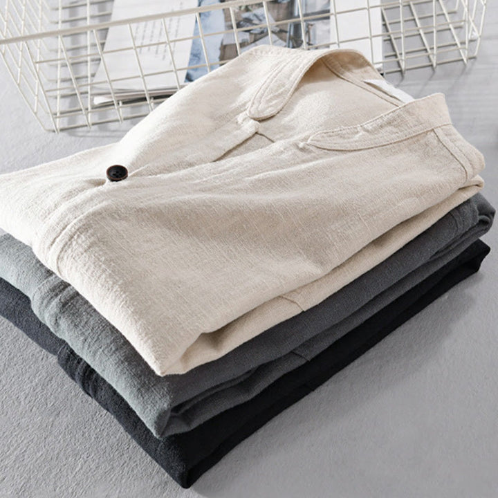 Chemise homme à manches longues en coton et lin avec poches, col montant et boutons simples, motif Buddha Stones , printemps - image 23