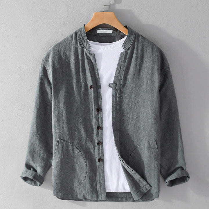 Chemise homme à manches longues en coton et lin avec poches, col montant et boutons simples, motif Buddha Stones , printemps - image 14