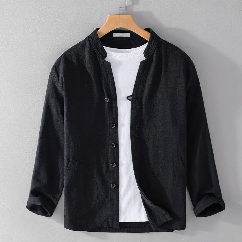 Chemise homme à manches longues en coton et lin avec poches, col montant et boutons simples, motif Buddha Stones , printemps - Noir - US/UK/AU42，EU52 (3XL) - image 8