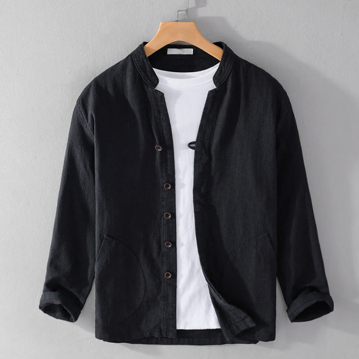 Chemise homme à manches longues en coton et lin avec poches, col montant et boutons simples, motif Buddha Stones , printemps - Noir - US/UK/AU42，EU52 (3XL) - image 8