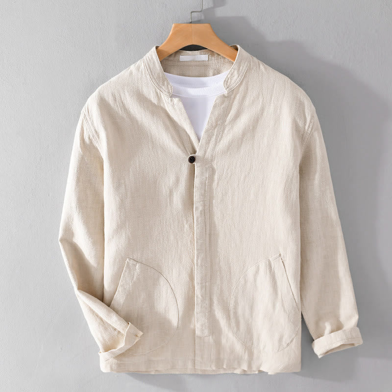 Chemise homme à manches longues en coton et lin avec poches, col montant et boutons simples, motif Buddha Stones , printemps - image 1