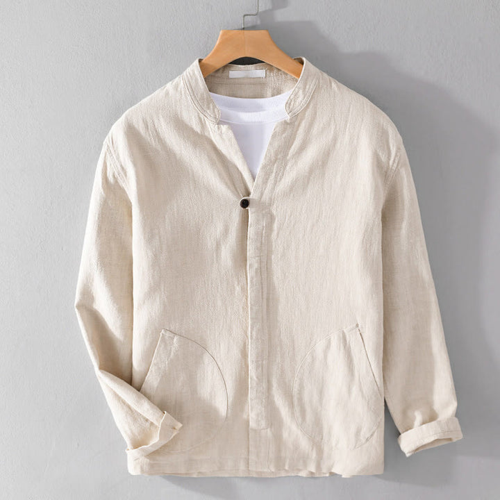 Chemise homme à manches longues en coton et lin avec poches, col montant et boutons simples, motif Buddha Stones , printemps - image 1