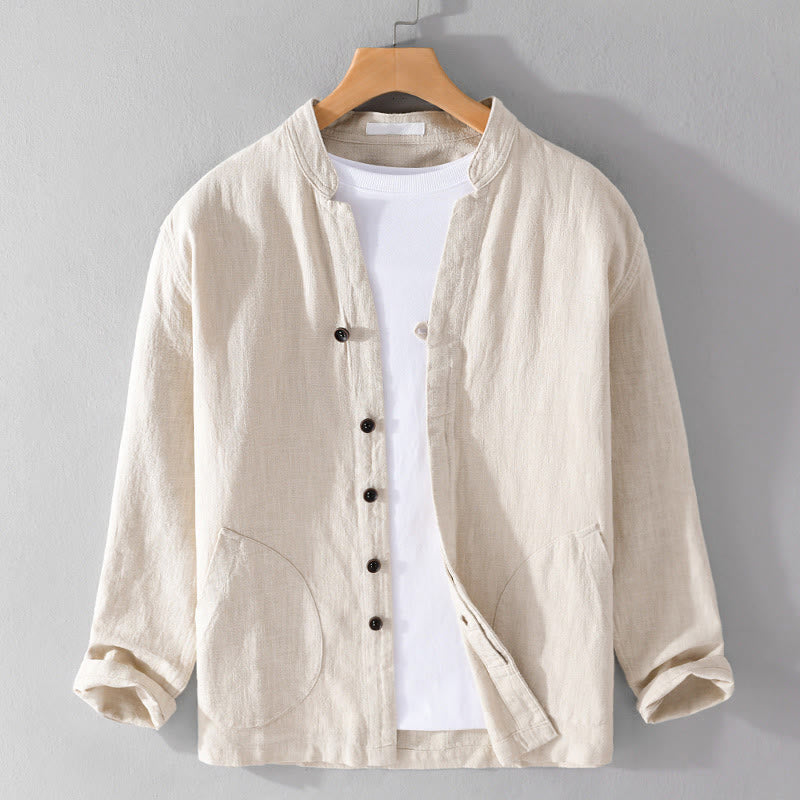 Chemise homme à manches longues en coton et lin avec poches, col montant et boutons simples, motif Buddha Stones , printemps - Beige - US/UK/AU42，EU52 (3XL) - image 0