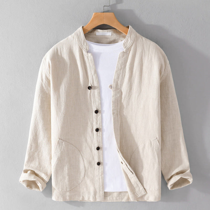 Chemise homme à manches longues en coton et lin avec poches, col montant et boutons simples, motif Buddha Stones , printemps - Beige - US/UK/AU42，EU52 (3XL) - image 0