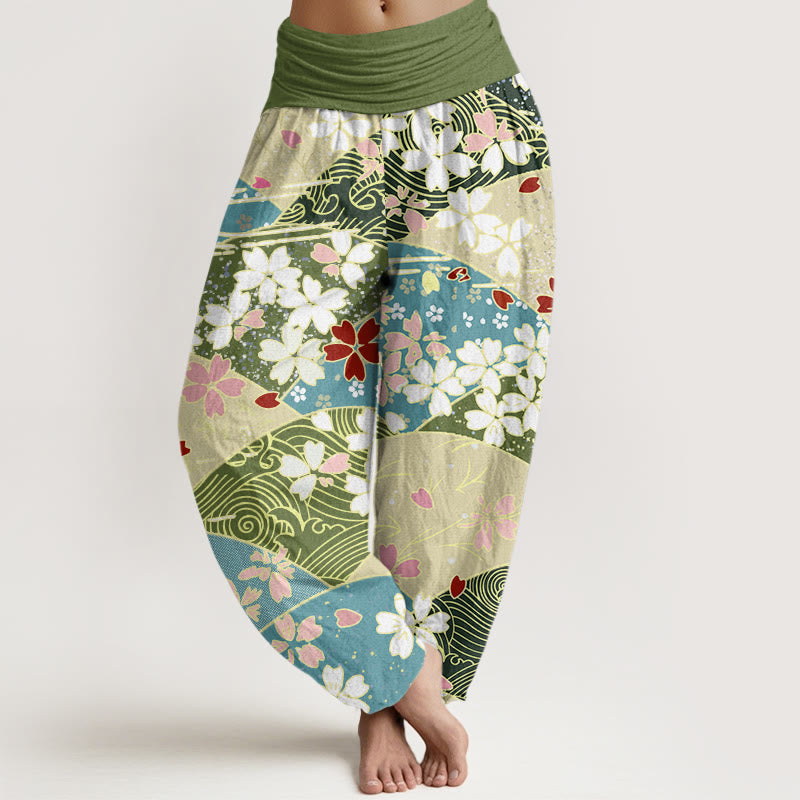 Pantalon sarouel à taille élastique pour femme, motif fleurs colorées et Buddha Stones , en forme d'éventail - Vert foncé - US22，UK/AU26，EU54 (6XL) - image 1