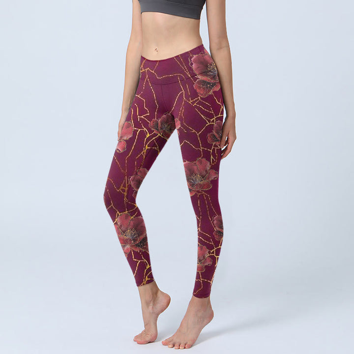 Leggings de sport imprimés Buddha Stones, pétales rouges, lignes dorées, pantalons de yoga pour femmes - Rouge indien - US18，UK/AU22，EU50 (4XL) - image 0