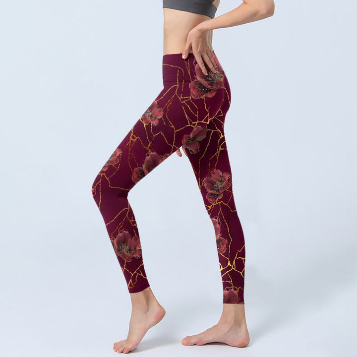 Leggings de sport imprimés Buddha Stones, pétales rouges, lignes dorées, pantalons de yoga pour femmes - image 3