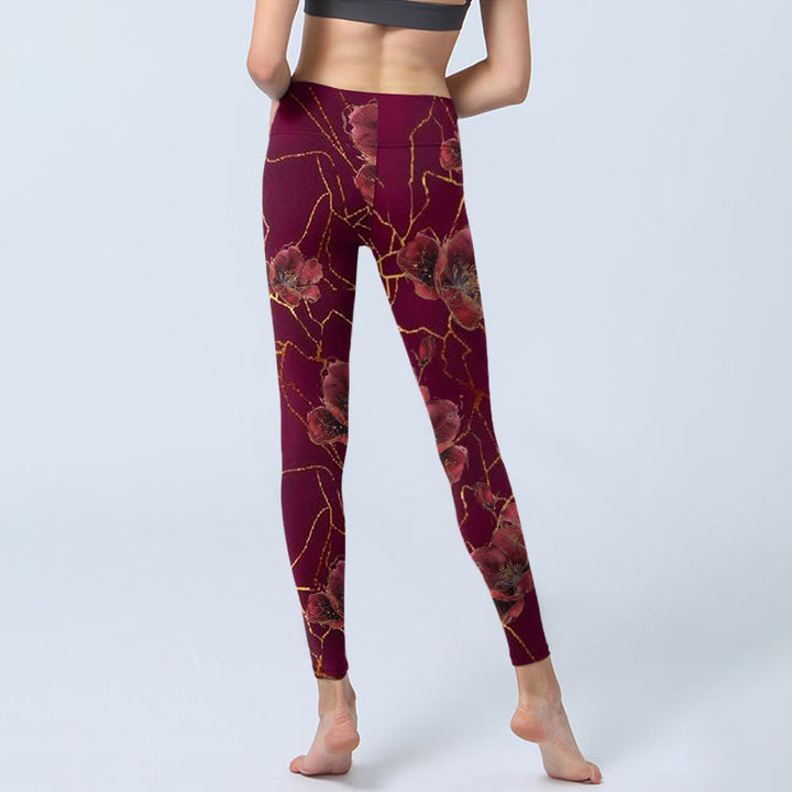 Leggings de sport imprimés Buddha Stones, pétales rouges, lignes dorées, pantalons de yoga pour femmes - image 6