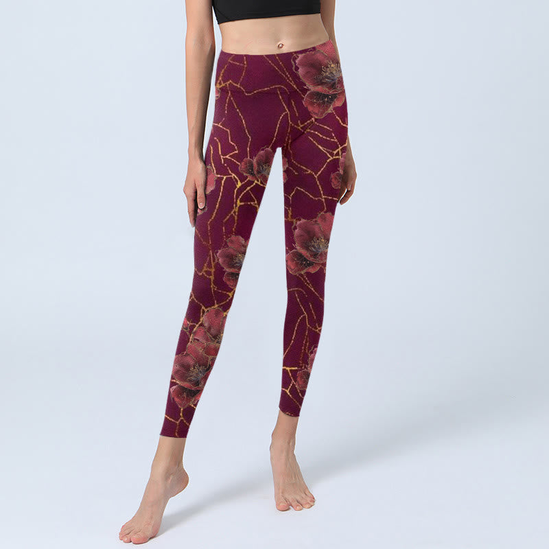 Leggings de sport imprimés Buddha Stones, pétales rouges, lignes dorées, pantalons de yoga pour femmes - image 6