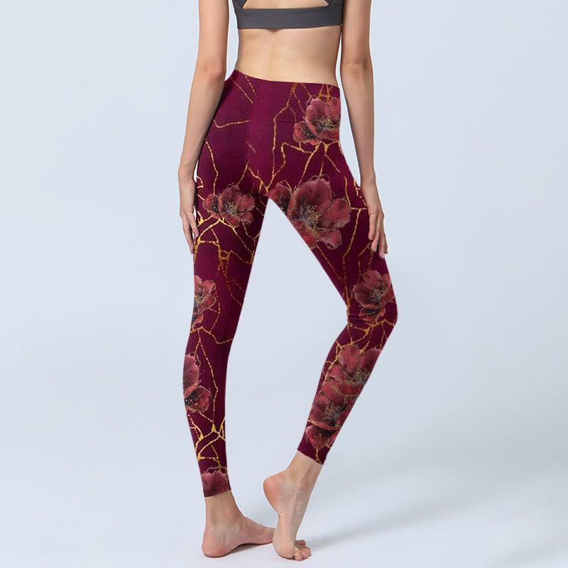 Leggings de sport imprimés Buddha Stones, pétales rouges, lignes dorées, pantalons de yoga pour femmes - image 4