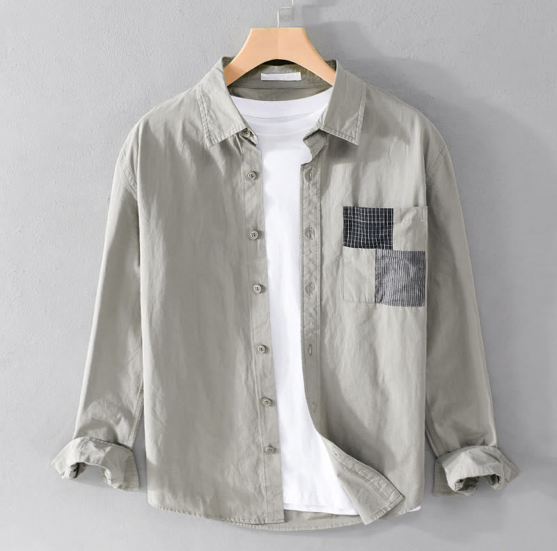 Chemise à manches longues en coton et lin avec poches pour homme, motif patchwork, motif Buddha Stones Spring Daily Line - Vert foncé - US/UK/AU42，EU52 (3XL) - image 0