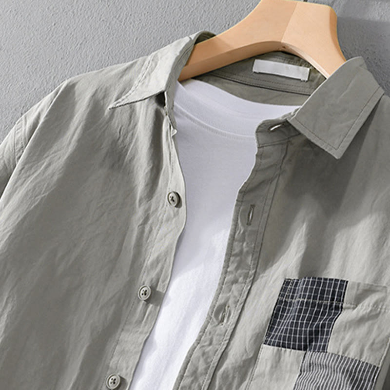 Chemise à manches longues en coton et lin avec poches pour homme, motif patchwork, motif Buddha Stones Spring Daily Line - image 1