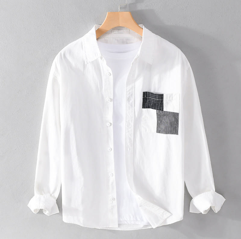 Chemise à manches longues en coton et lin avec poches pour homme, motif patchwork, motif Buddha Stones Spring Daily Line - Blanc - US/UK/AU42，EU52 (3XL) - image 7