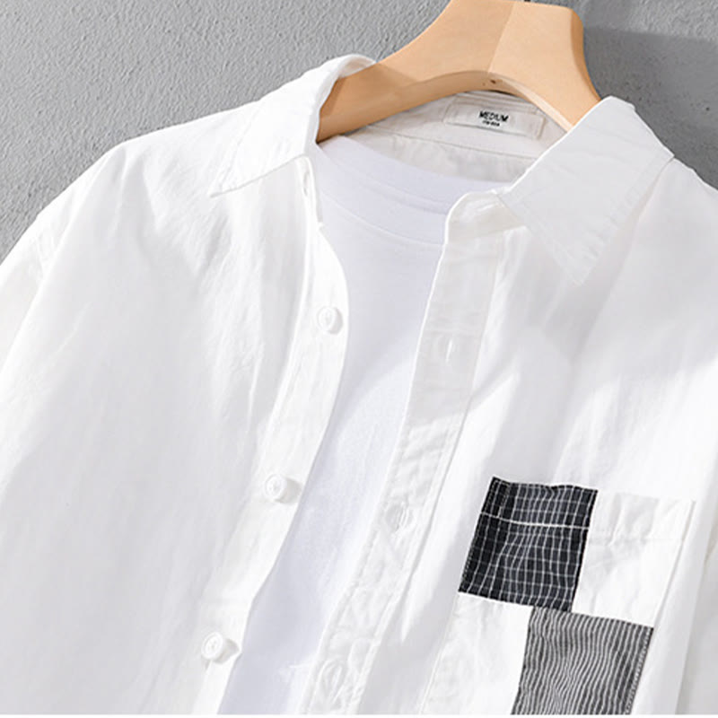 Chemise à manches longues en coton et lin avec poches pour homme, motif patchwork, motif Buddha Stones Spring Daily Line - image 9