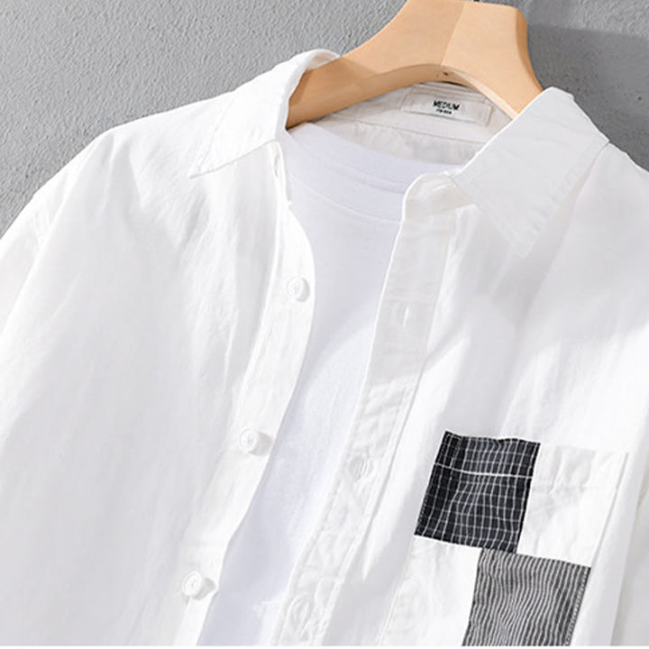 Chemise à manches longues en coton et lin avec poches pour homme, motif patchwork, motif Buddha Stones Spring Daily Line - image 9