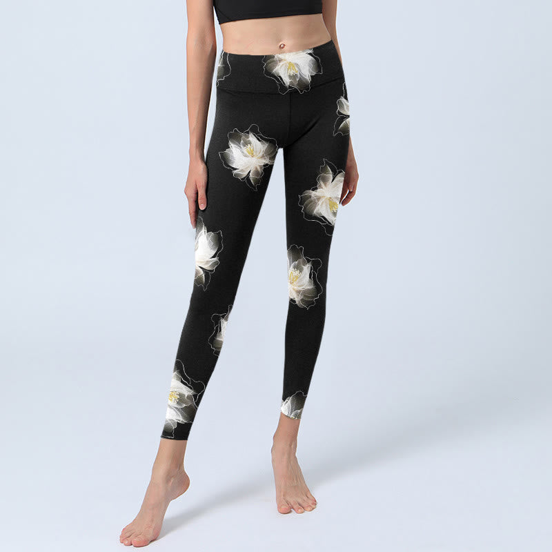 Leggings de sport à imprimé pétales de lotus noirs et blancs avec Buddha Stones , pantalons de yoga pour femmes - image 7