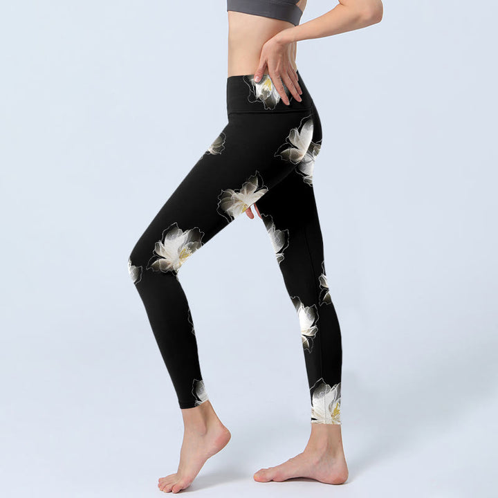 Leggings de sport à imprimé pétales de lotus noirs et blancs avec Buddha Stones , pantalons de yoga pour femmes - image 2