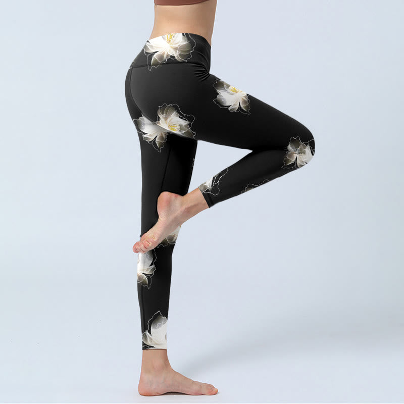 Leggings de sport à imprimé pétales de lotus noirs et blancs avec Buddha Stones , pantalons de yoga pour femmes - image 3