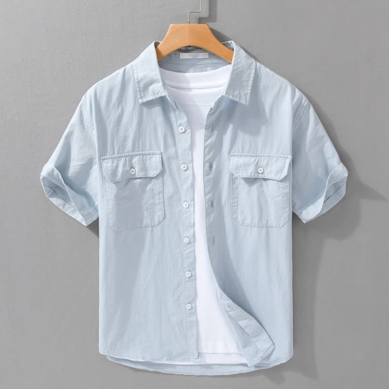 Chemise à manches courtes en coton et lin avec poches pour homme, motif Buddha Stones Daily, couleur pure - Bleu clair - US/UK/AU42，EU52 (3XL) - image 2