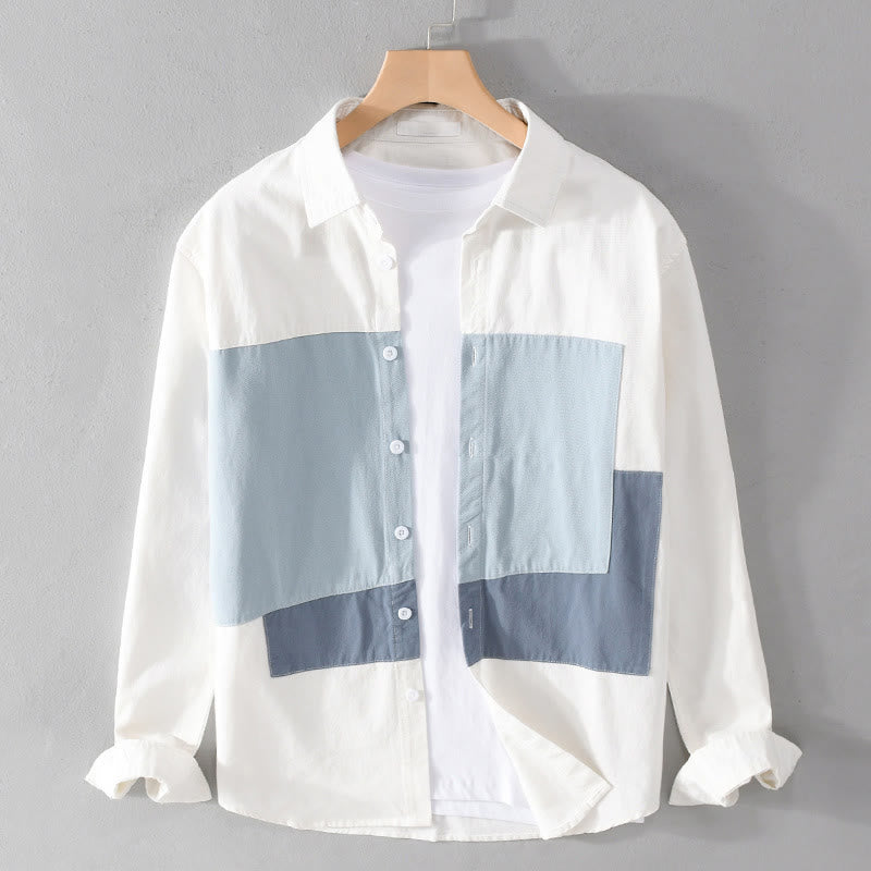 Chemise en coton et lin pour homme, avec poches, motif Buddha Stones, coutures contrastées, revers, manches longues et boutons - Bleu clair - US/UK/AU42，EU52 (3XL) - image 0